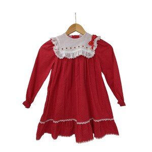Vintage Holiday Party Dress Girls 6X Red White Floral Collar Lace Long Sleeve